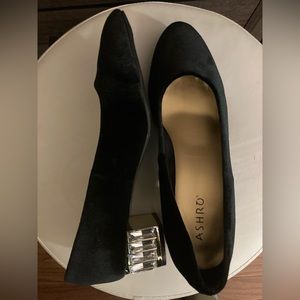 Black Suede Ashro Shoes with Faux Diamond Heel